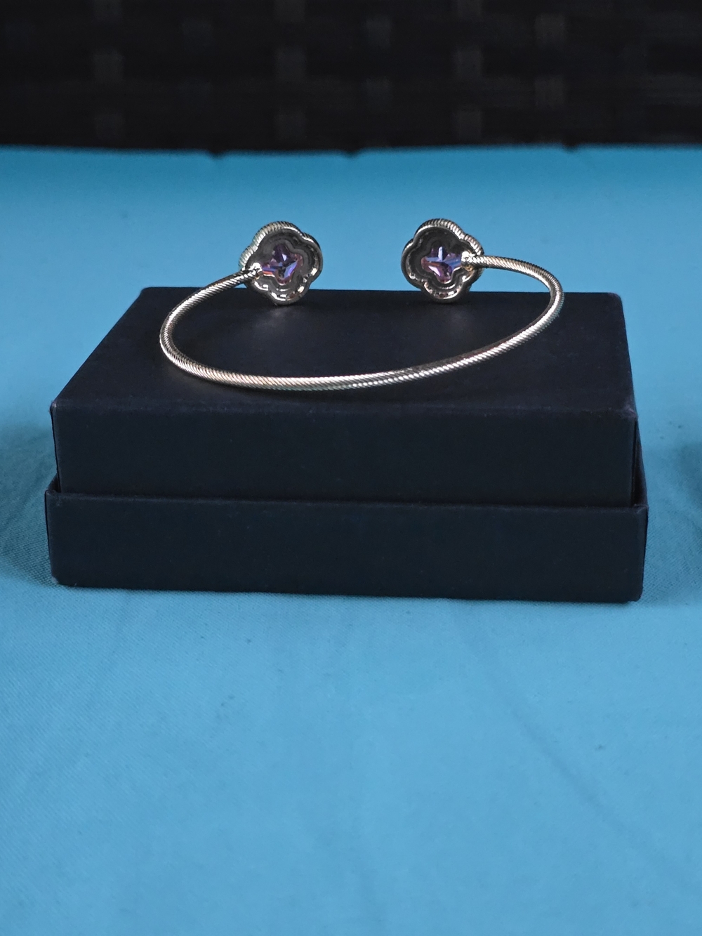 Silver Open Bangle Bracelet with Pinkish Purple Flower Gemstones - Picture 3 of 3